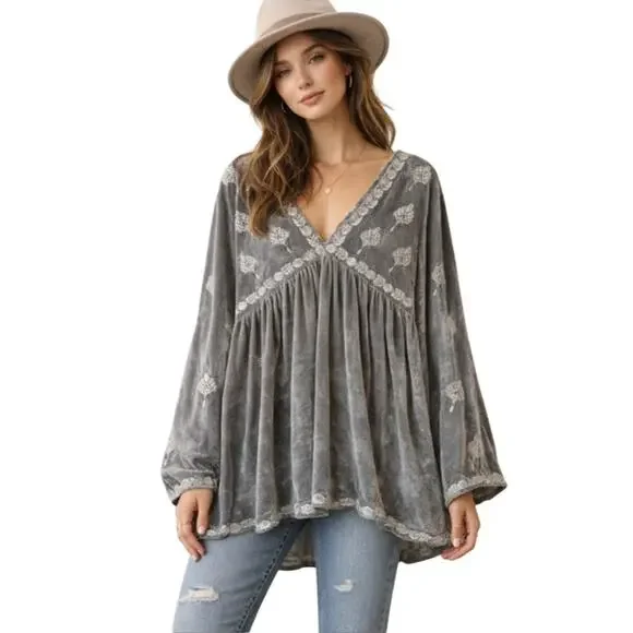 POL Velvet Tunic Silver Gray Women’s Medium Boho Fairy Cottage Festival Babydoll - Picture 2 of 16